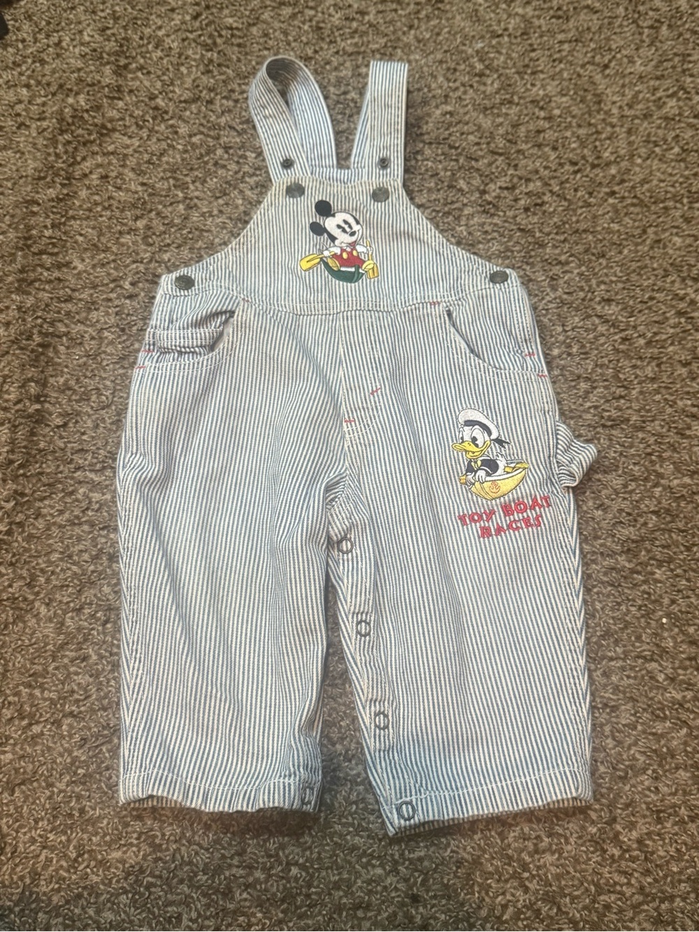 Vintage 90s Disney Baby Blue Stripe Overalls with Mickey & Donald Grail